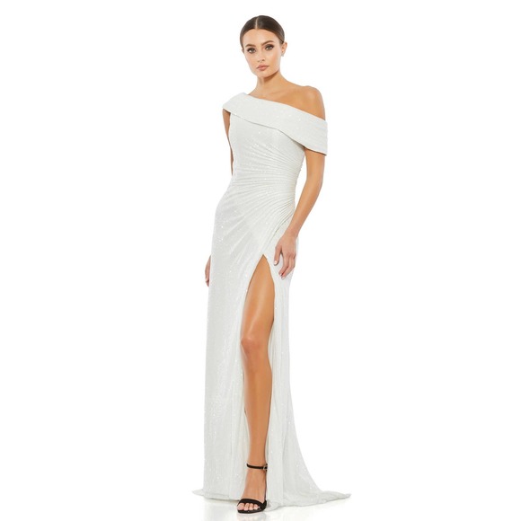 Mac Duggal White One-Shoulder Ruched Sequined Gown Size 2 NWT